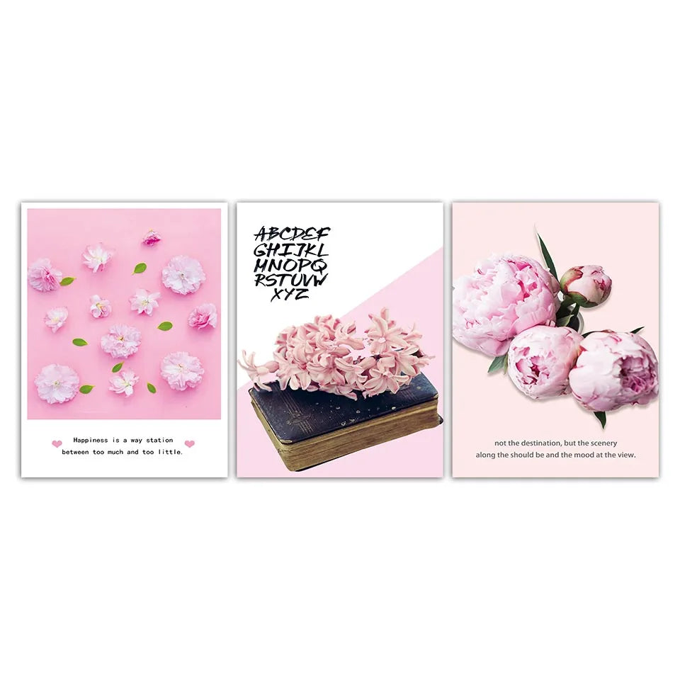 Trois images esthétiques sur le thème des fleurs de pivoine, montrant différents arrangements de ces fleurs roses délicates sur des fonds clairs et pastel, accompagnées de citations inspirantes.