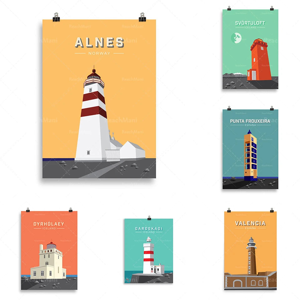 Cette image présente une collection de huit affiches de phares, chacune représentant un lieu différent, notamment Alnes en Norvège, Svörtuloft en Islande, Punta Frouxeira en Espagne, Dyrholaey en Islande et Valencia en Espagne. Chaque affiche met en valeur le phare caractéristique du lieu, avec un style graphique épuré et des couleurs vives.