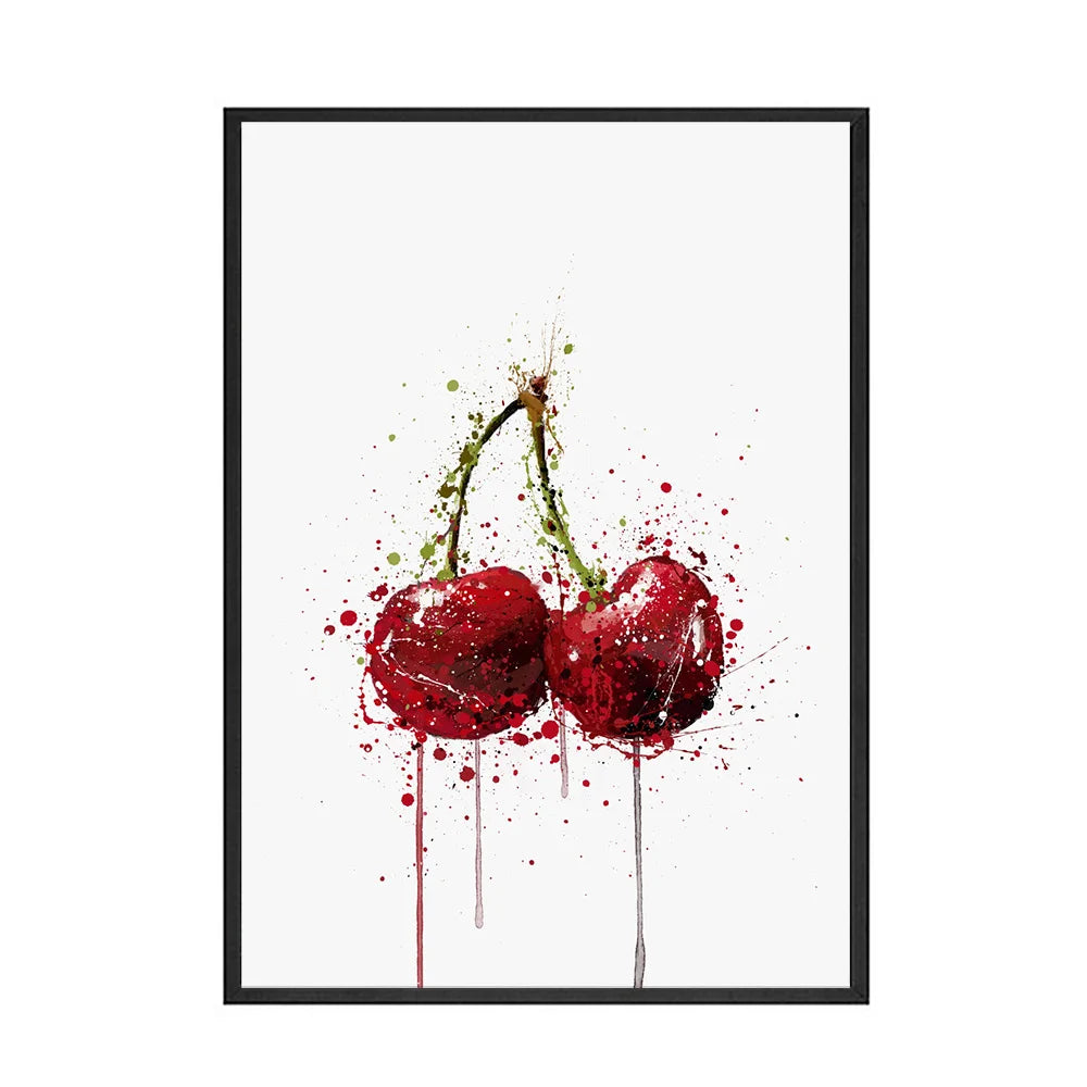Cette image montre deux cerises rouges éclaboussées de gouttes rouges et vertes, créant une composition artistique abstraite et dynamique.