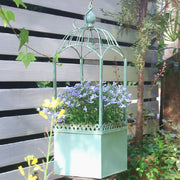 jardinière suspendue cage oiseaux ajouré shabby chic vert blanc fleuriextérieur intérieur decoration vintage métalvieilli