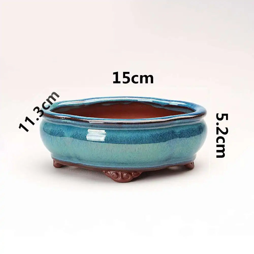 pots bonsaï chinois céramique porcelaine bleu brun texture grès effet craquelé classique artisanal