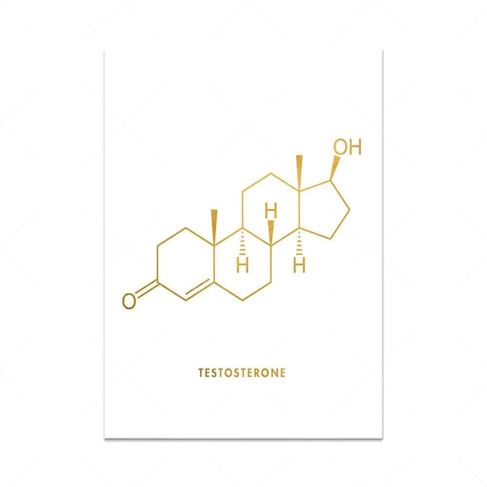 Cette image minimaliste en or montre la structure chimique de la molécule de testostérone, l'hormone sexuelle masculine.