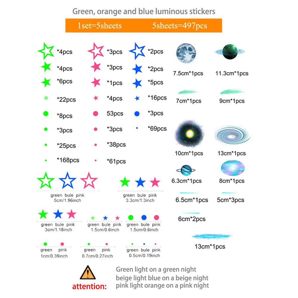 sticker lumineux étoile planète adhésif chambre enfant décoration mur nocturne 497 pièces vert orange