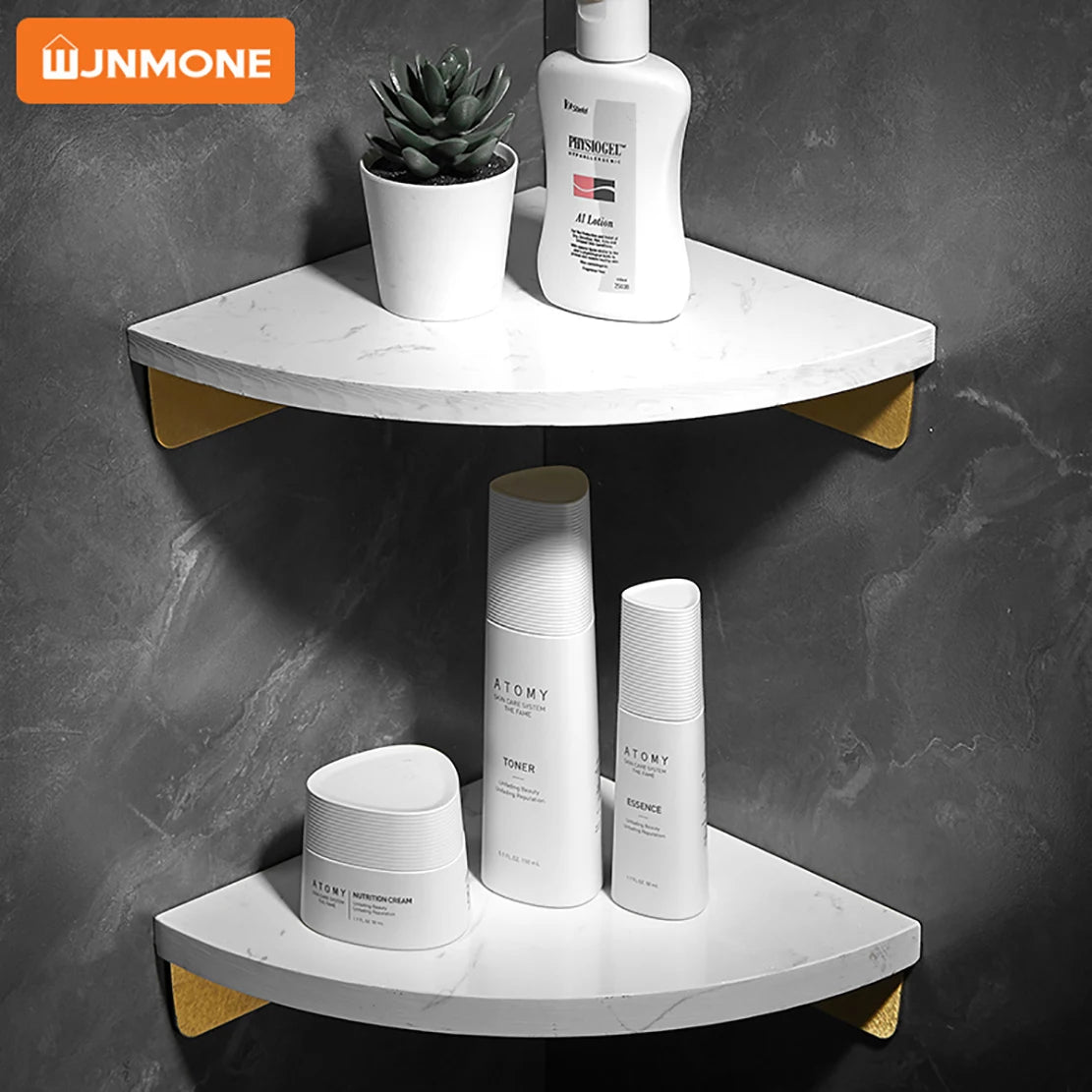 étagère d'angle murale blanche marbre moderne miroir doré cosmétiques rangement salle bain