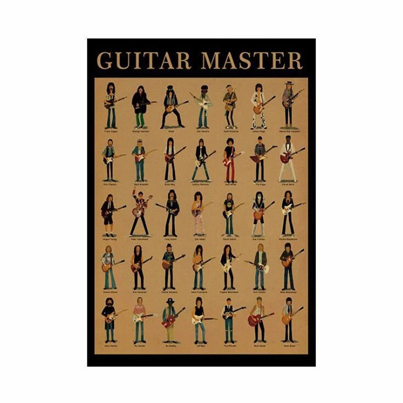 affiche illustrative rétro musicien guitare classique beige noir mur decoration autocollant papier kraft portrait