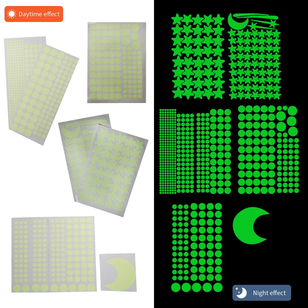 Stickers muraux lumineux étoiles lune moderne adhésifs vert fluo chambre enfants 12 feuilles lune
