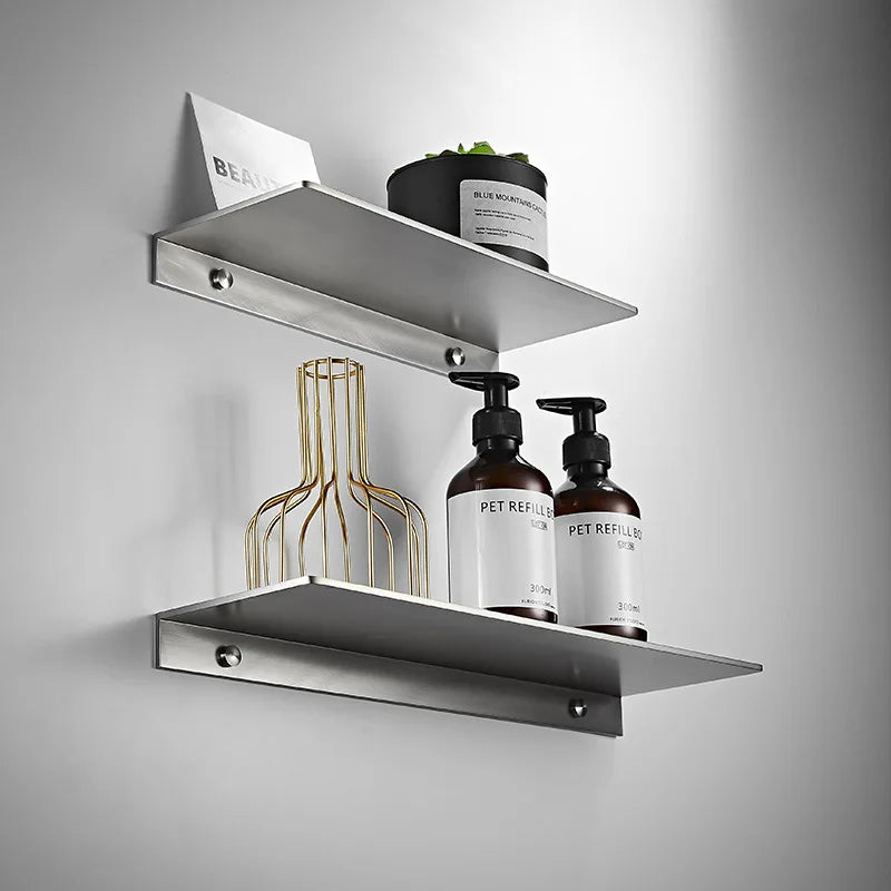 étagère murale moderne acier inoxydable noir vis fixations rangement salle bain minimaliste cosmétiques plantes