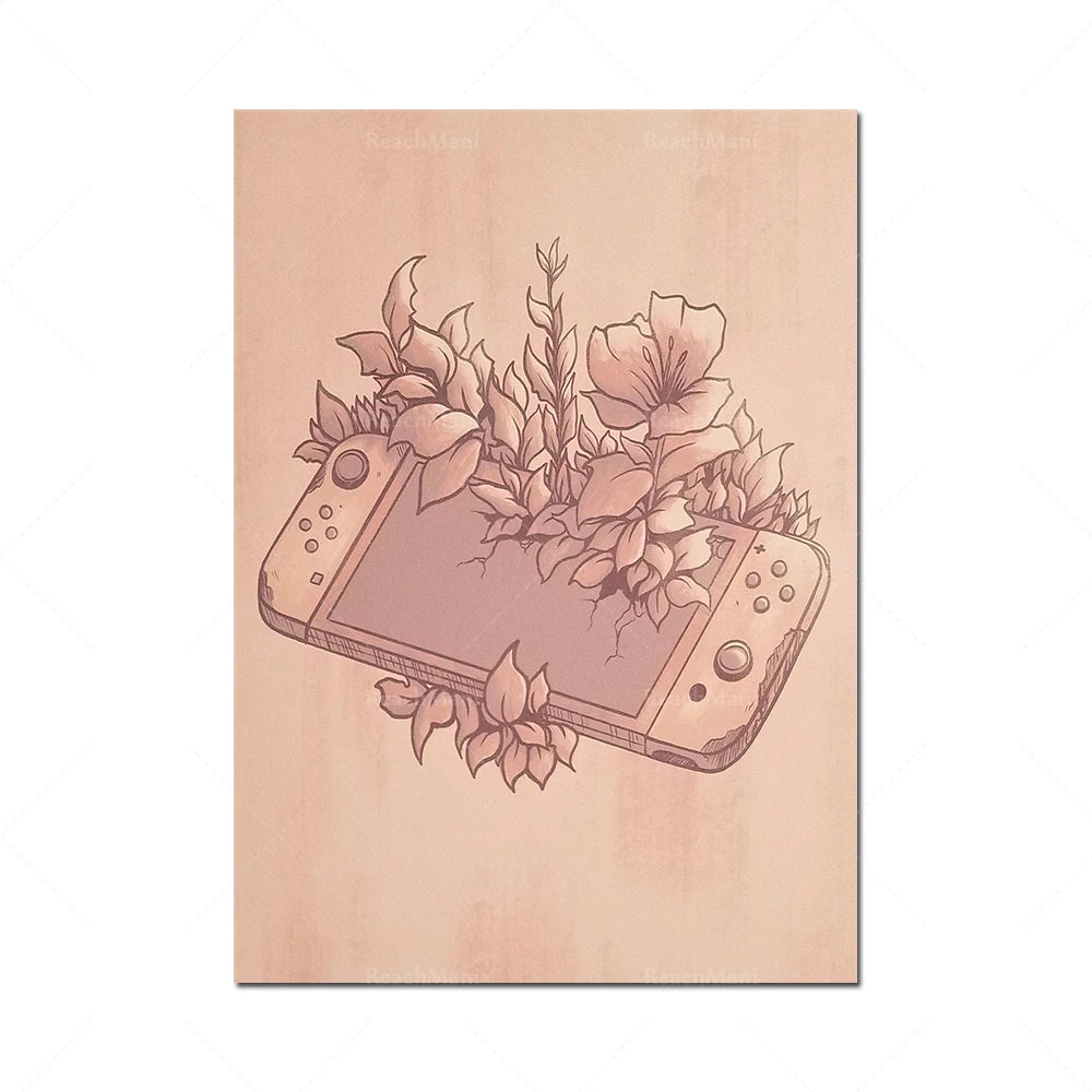 Une illustration délicate représentant des contrôleurs de jeu et des fleurs sur un fond rose, créant une composition élégante et artistique.