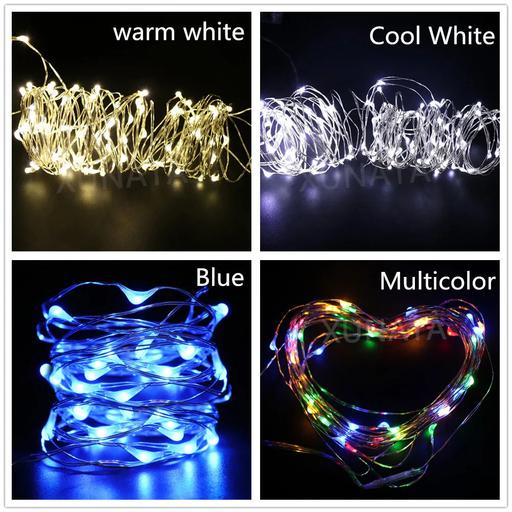 Détail des LED blanches chaudes sur la guirlande lumineuse extérieure