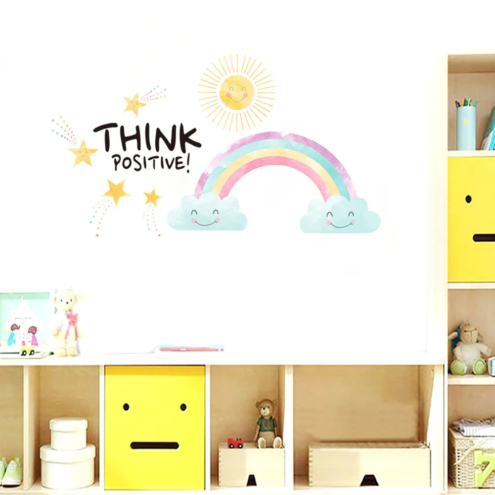 Stickers adhésifs murals dessin animé arc ciel soleil multicolore chambre enfants pastel cartoon