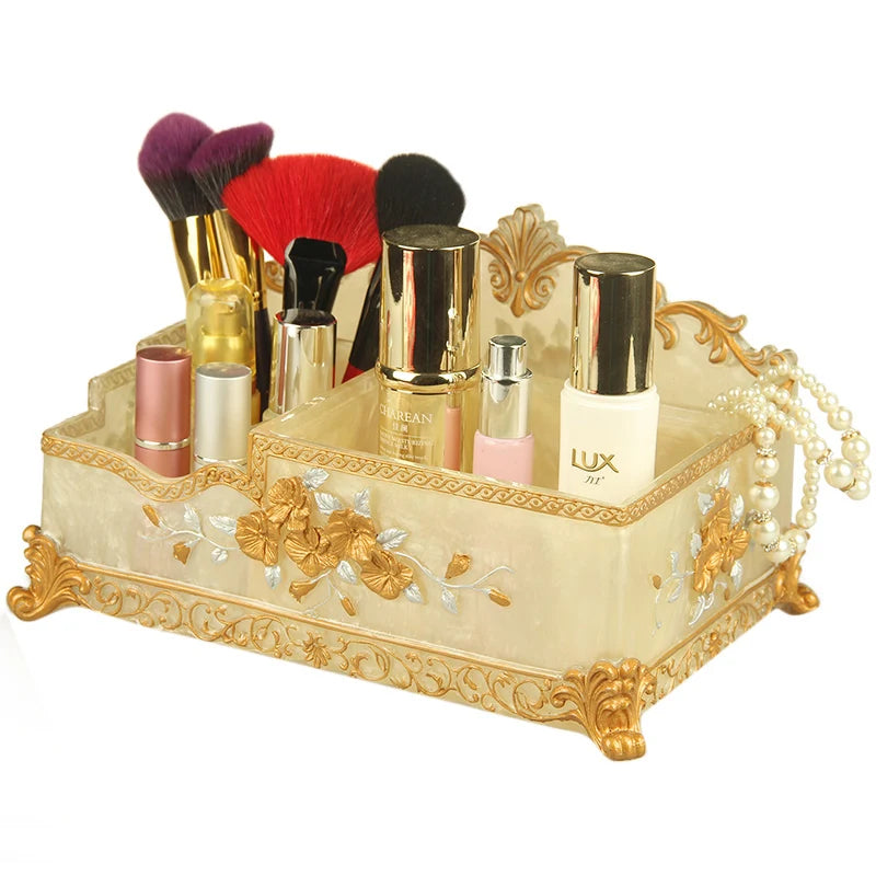 organisateur maquillage boîte rangement résine respectueuse environnement beige doré bleu clair ornement floral classique