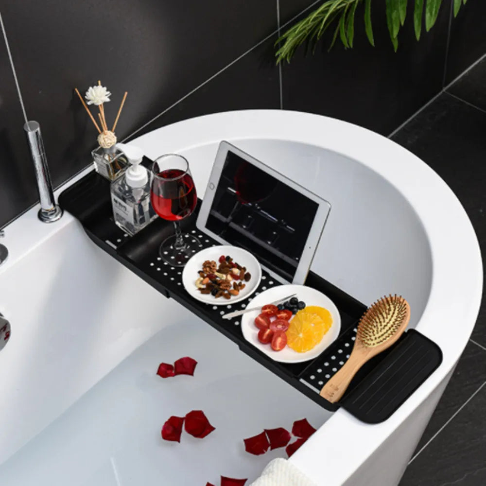 plateau bain extensible blanc noir moderne étagère salle bain multifonction savons flacons éponge Brosse