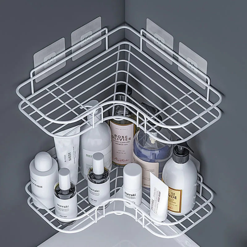 étagère salle bain moderne adhésive noir grille métallique rangement bouteilles cosmétiques flacons pots boîtes