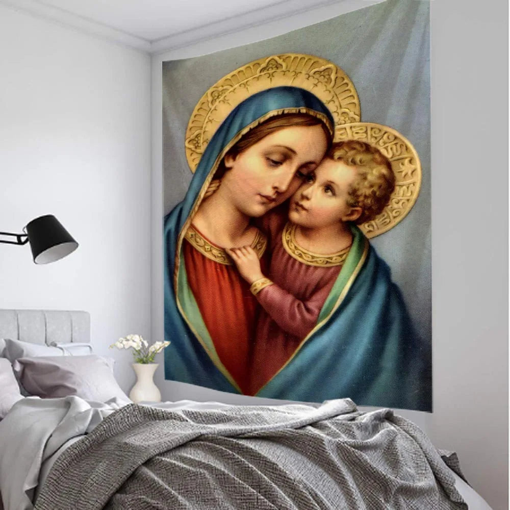 Vue de face de la tapisserie murale Jesus en couleur bleue