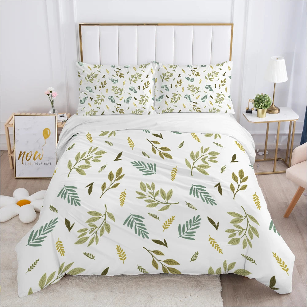 Close-up du motif feuille verte sur la housse de couette, couleurs vibrantes