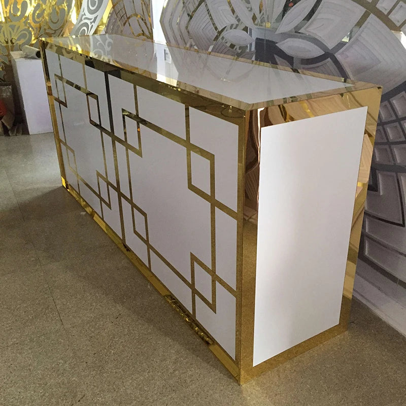 table bar moderne meuble commercial minimaliste doré motifs géométriques surface brillante usage mariage partie