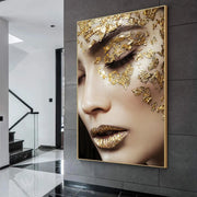 affiche moderne femme dorée portrait paillettes glamour décoration murale élégante contemporaine salon tableaux or