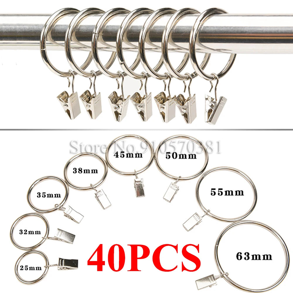 Anneaux de rideau avec clips en acier inoxydable argent mat - vue d'ensemble du lot de 40 pièces