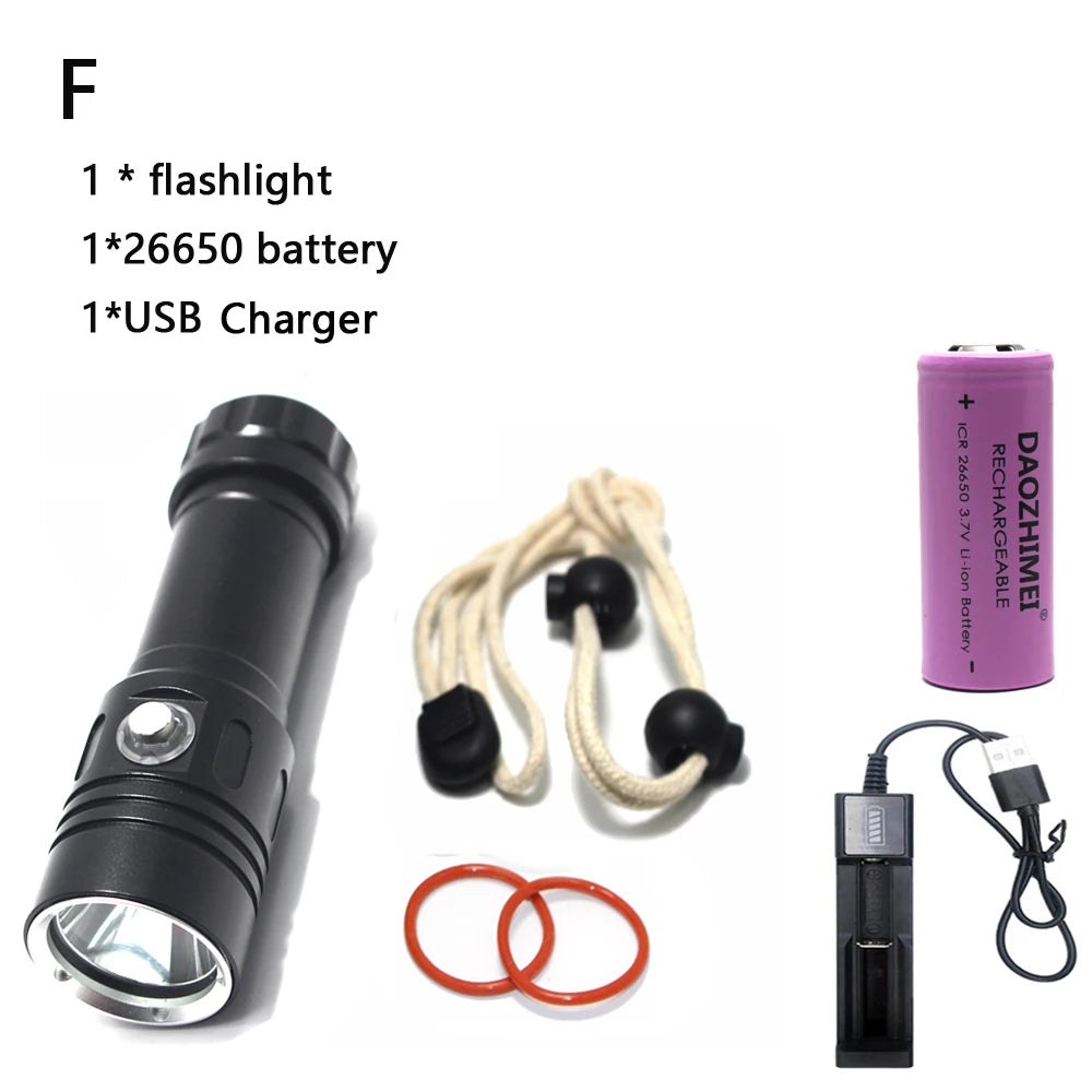 torche led rechargeable plongee camping 10w 6000lm 80m etanche noire