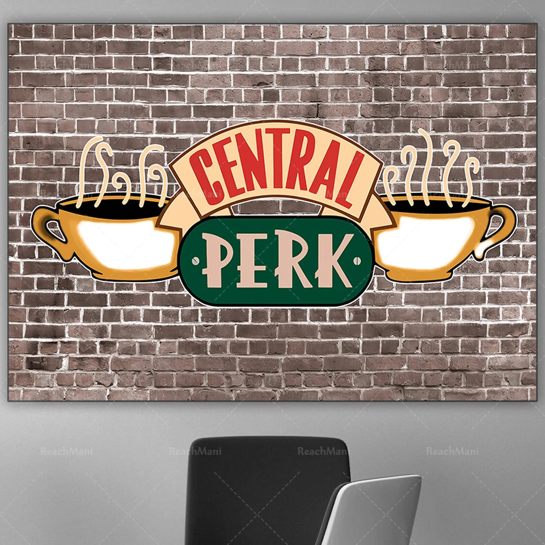 L'image représente le logo du Central Perk, le café emblématique de la série télévisée Friends, avec des tasses de café sur un mur de briques.