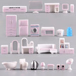 meubles miniatures poupées rose blanc modernes armoire frigo lave linge micro ondes téléviseur commode