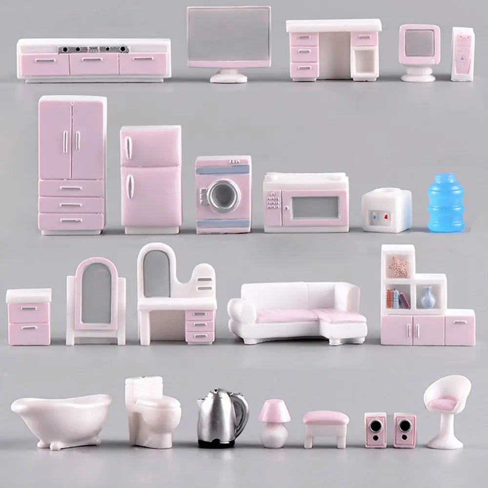 meubles miniatures poupées rose blanc modernes armoire frigo lave linge micro ondes téléviseur commode