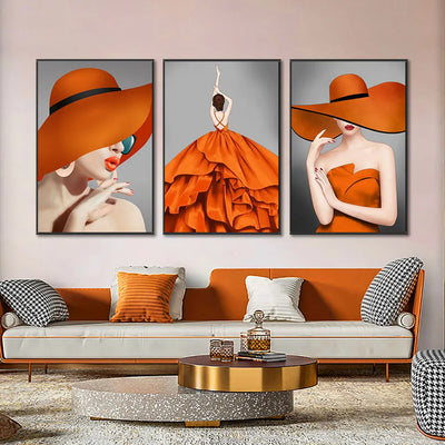 Peinture sur toile moderne dame avec chapeau orange - décoration murale salon