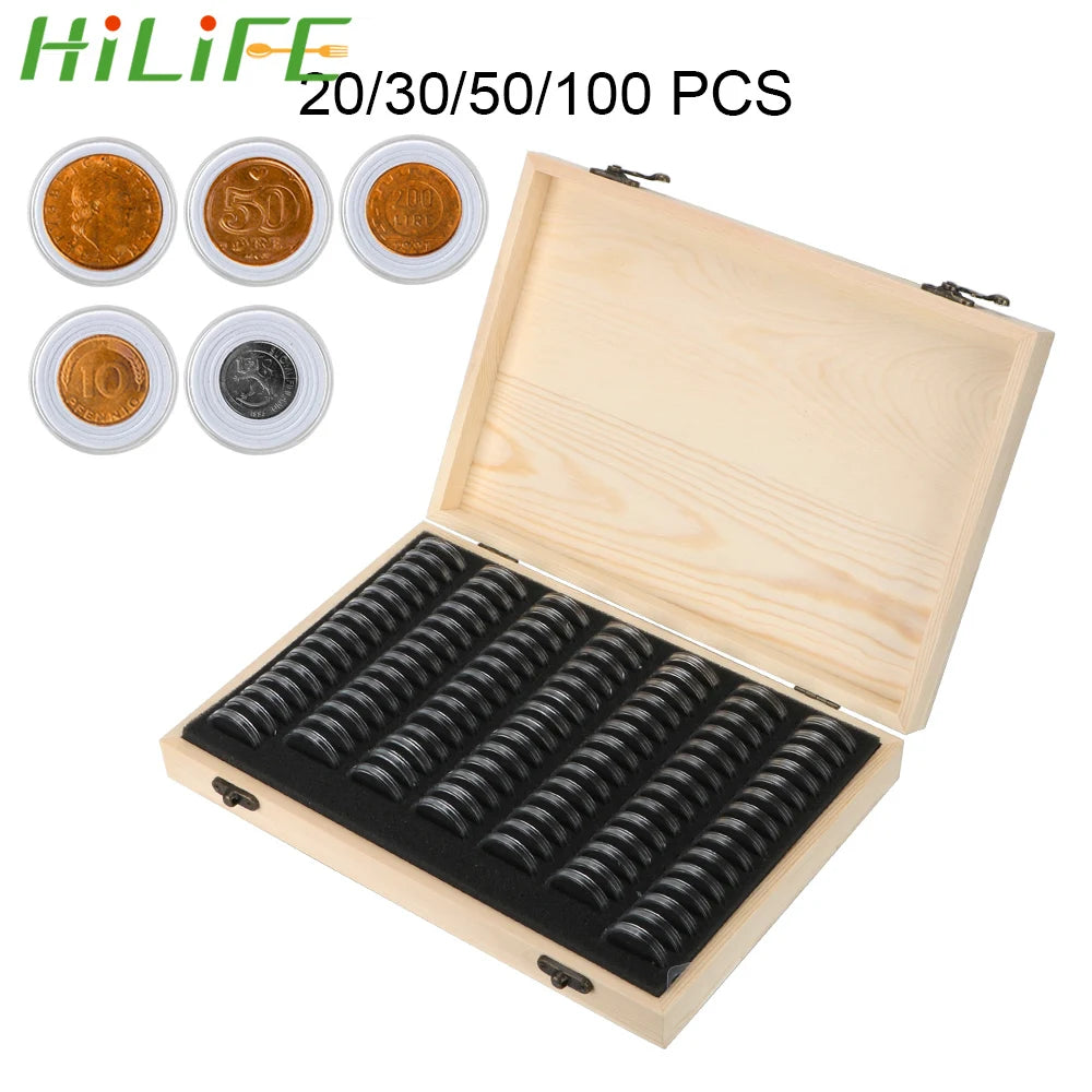 boîte monnaies bois naturel classique support réglable 100 pièces adhésif