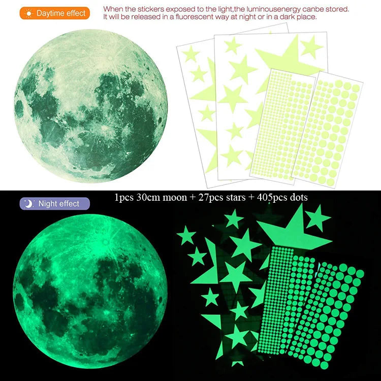 sticker mural lumineux lune étoiles points bleu vert adhésif décoration moderne chambre enfant