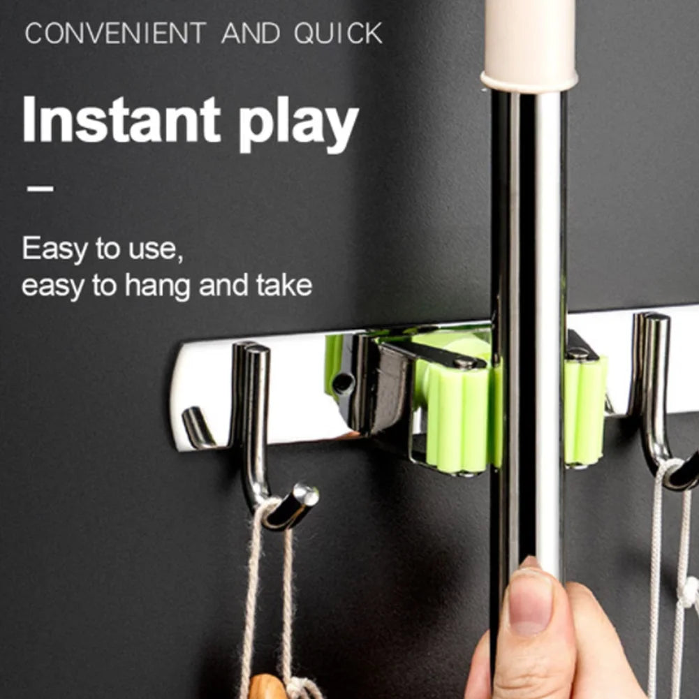 porte balais argenté vert clair adhésif mur moderne hooks rangement outils nettoyage