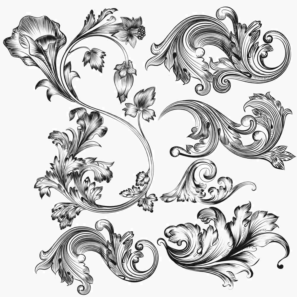 timbres vintage baroques motifs floraux ornements feuilles fleurs marron clair décoration artisanale scrapbooking