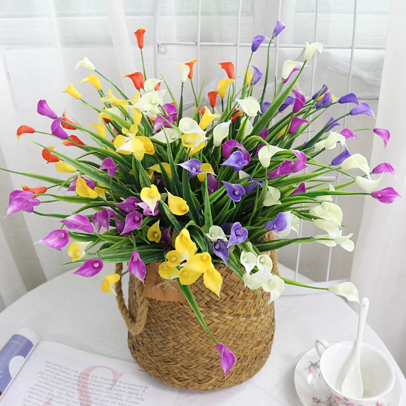 bouquet artificiel fleurs simples feuilles vertes blanc vert jaune violet rose intérieur décoration maison
