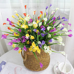 bouquet artificiel fleurs simples feuilles vertes blanc vert jaune violet rose intérieur décoration maison