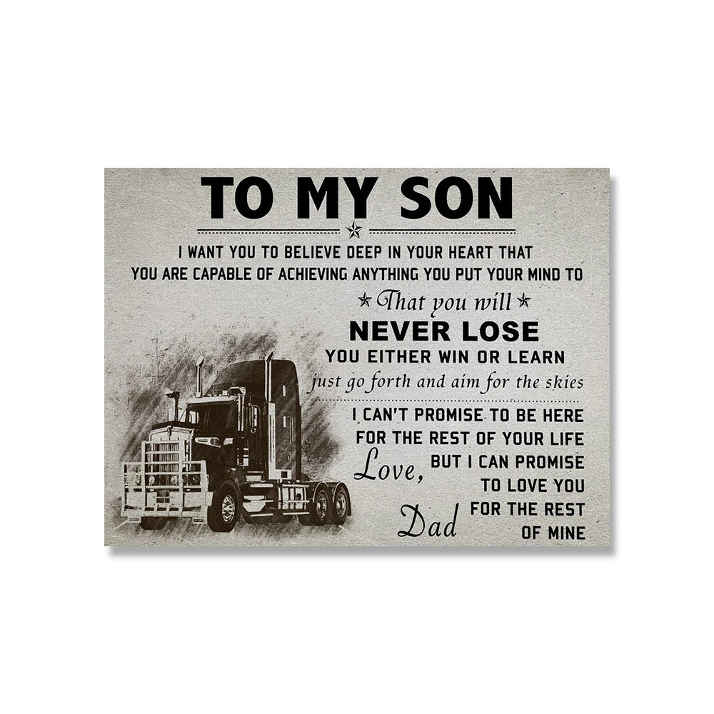 Cette image montre un message émouvant d'un père à son fils, l'encourageant à poursuivre ses rêves sans jamais abandonner, tout en promettant de l'aimer pour toujours.