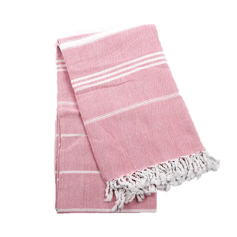 serviette bain rayée 100x180cm coton biologique séchage rapide franges classique rose gris bleuclair