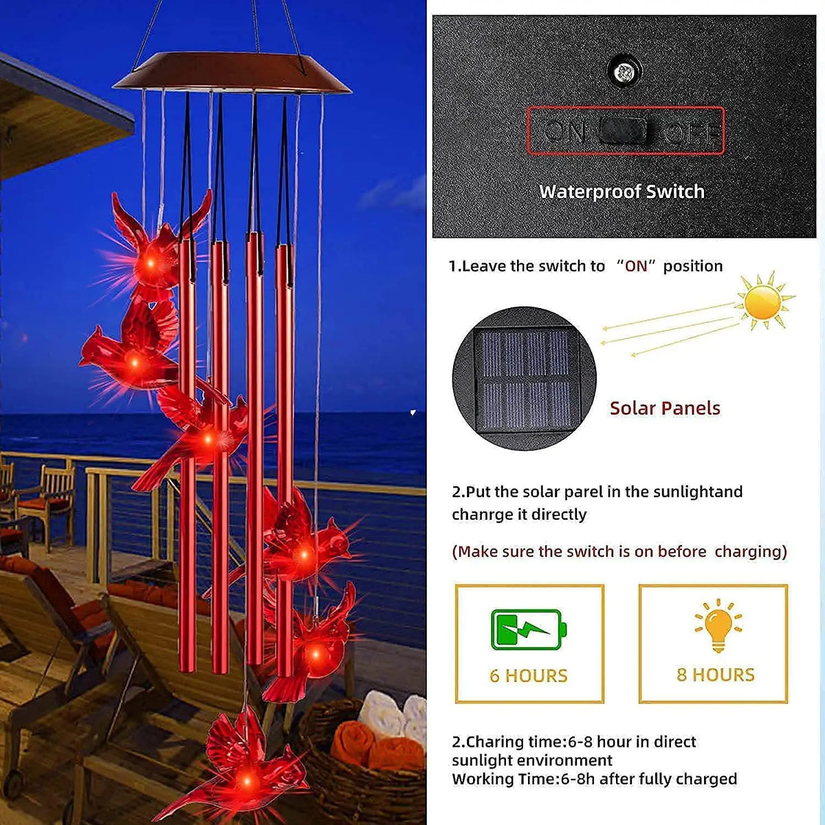Mobile lumineux solaire oiseaux stylisés couleurs vives moderne extérieur LED changeantes