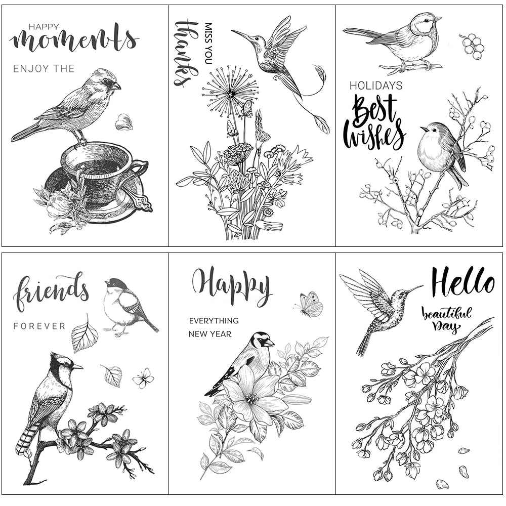 timbres décoratifs oiseaux fleurs calligraphie noir blanc bleu clair 100x150mmscrição floral illustration artisanale scrapbooking