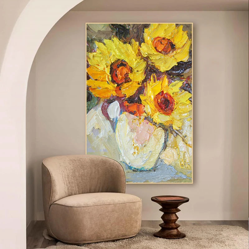 tableau abstrait peinture l'huile tournesol fleur moderne impressionniste toile sans cadre vertical salonDecoration Jaune