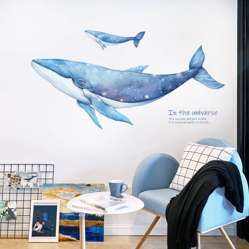 sticker mural baleine marine corail étoile mer enfant aquatique aquarelle transparent adhésif