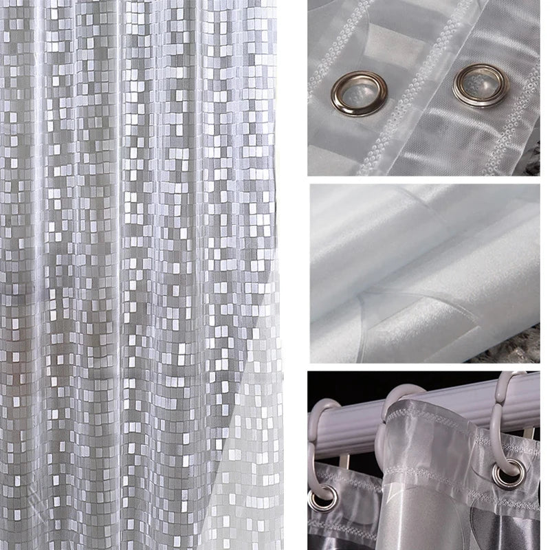 rideau douche moderne transparent gris clair blanc motifs géométriques anneaux métalliques respectueux environnement