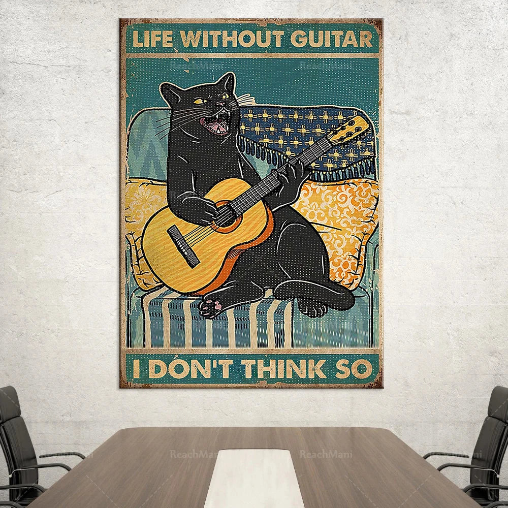 Le chat noir joue de la guitare avec enthousiasme, illustrant le slogan "La vie sans guitare, je n'y crois pas".