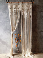 rideau macramé blanc crème motifs géométriques franges boho chic crochet métallique