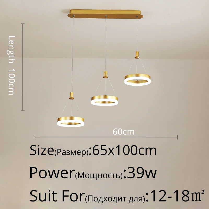 suspension lumineuse moderne dorée anneaux blancs câbles suspendus chambre salon étudié