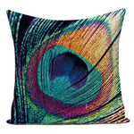 housse coussin carrée décorative motif paon bleu vert violet canapé salon moderne