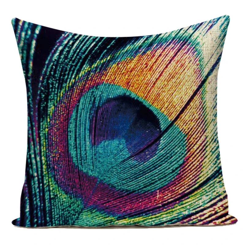 housse coussin carrée décorative motif paon bleu vert violet canapé salon moderne