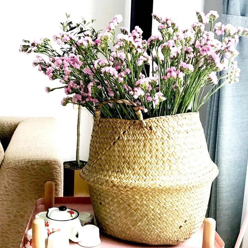 panier pliable osier tissé motifs réguliers poignées cuir naturel rustique jardin