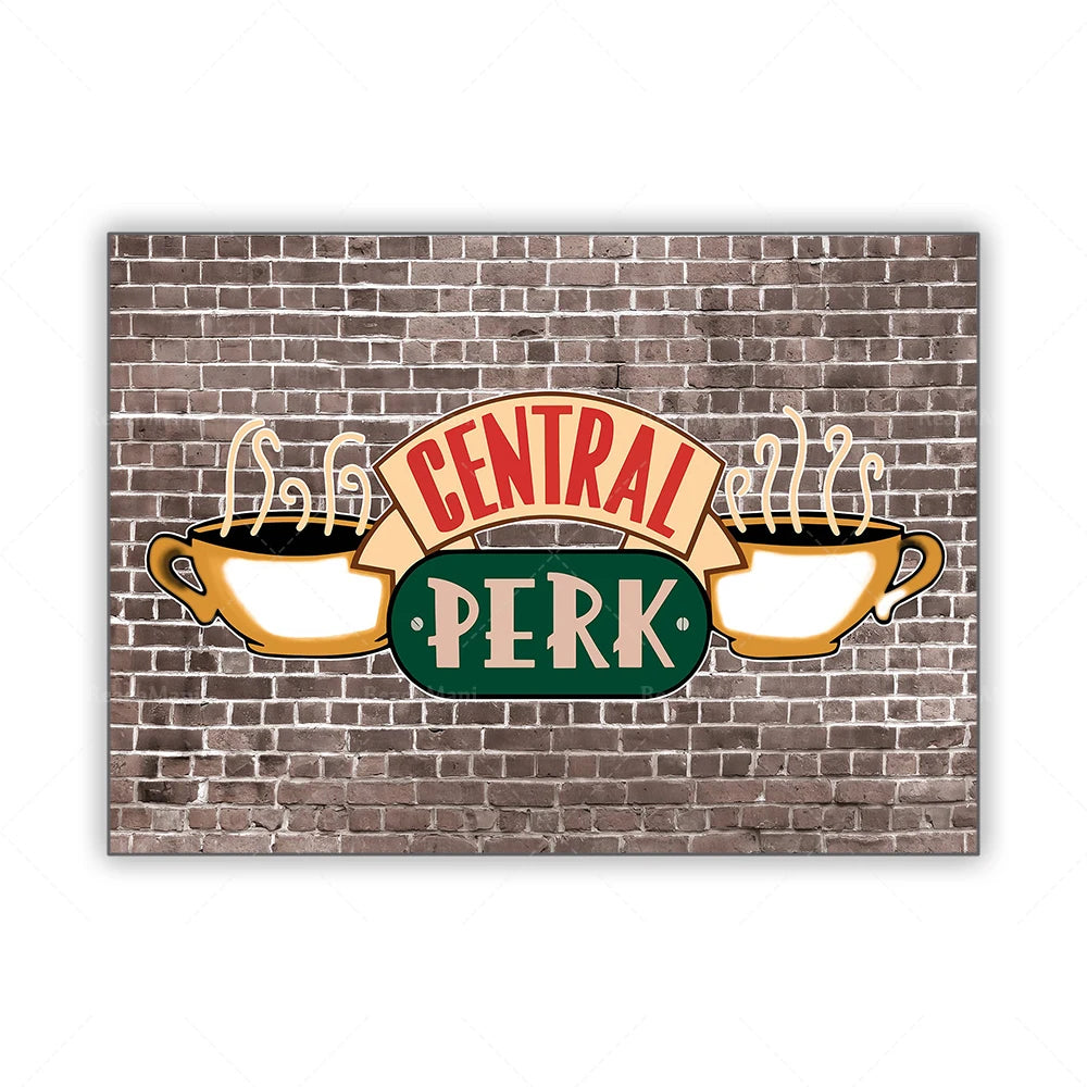 Central Perk, un café emblématique avec deux tasses de café colorées sur un mur de briques, représentant l'ambiance conviviale et familière de cette série télévisée populaire.