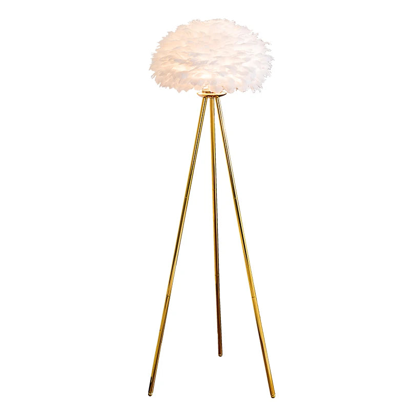 lampe sol moderne plumes blanche dorée pieds trépied led chambre salon entree