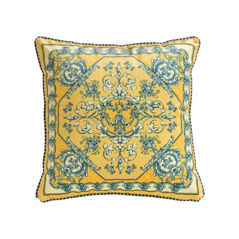 coussin jaune motif floral bleu classique tissu polyester respectueux environnement maison decoration adhésif