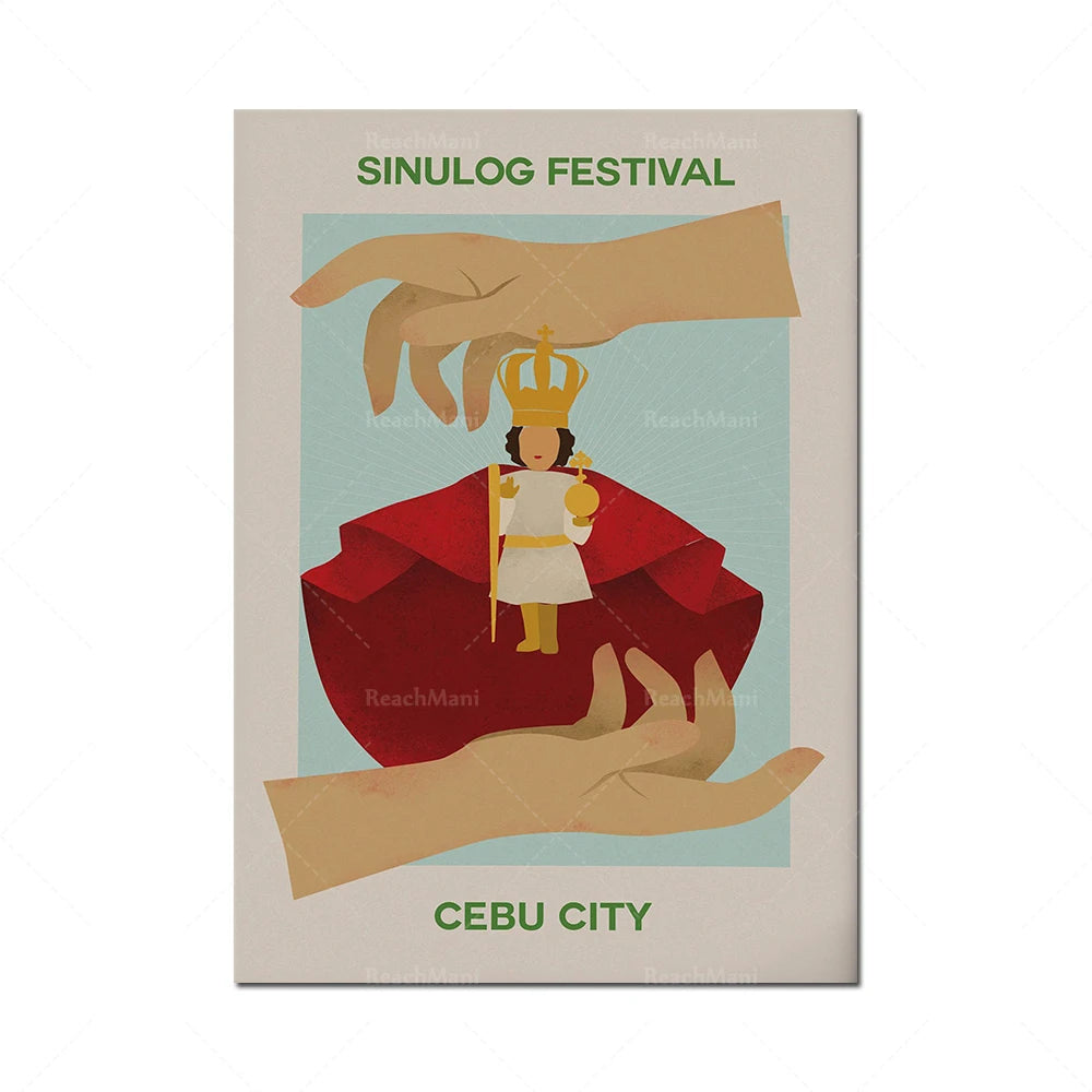 Illustration colorée représentant le festival Sinulog dans la ville de Cebu, avec une figure féminine portant une couronne brandissant un drapeau rouge, entourée de mains géantes dans un paysage sablonneux.